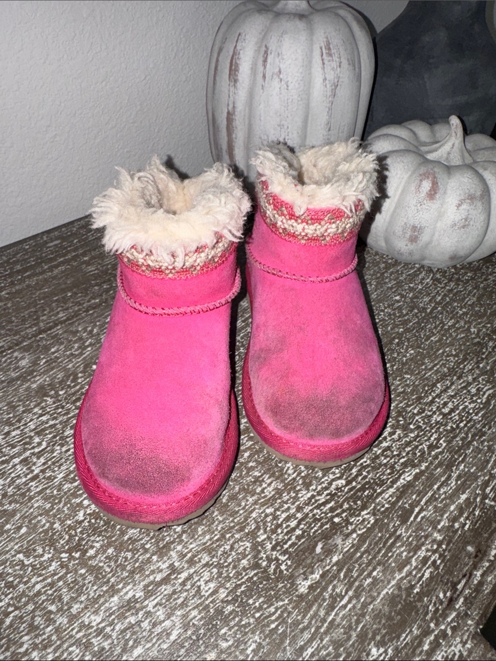 UGG Pink Faux Suede Fur-Trim Kids Boots